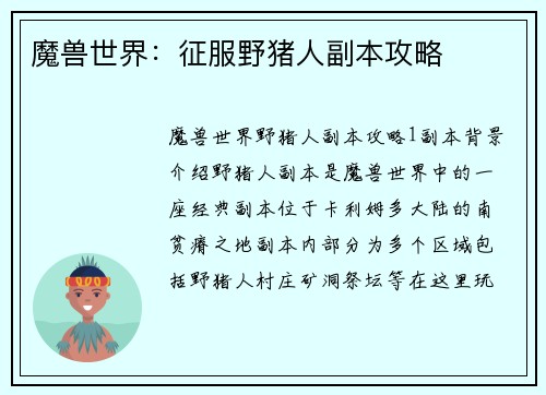 魔兽世界：征服野猪人副本攻略